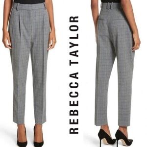 REBECCA TAYLOR Wool Blend Pleated Dress Pants High Waist Plaid Gray Career